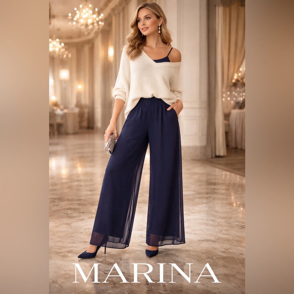 Marina Navy Chiffon Wide-Leg Pants Elastic Waist Formal Evening Elegant,Size 34L
